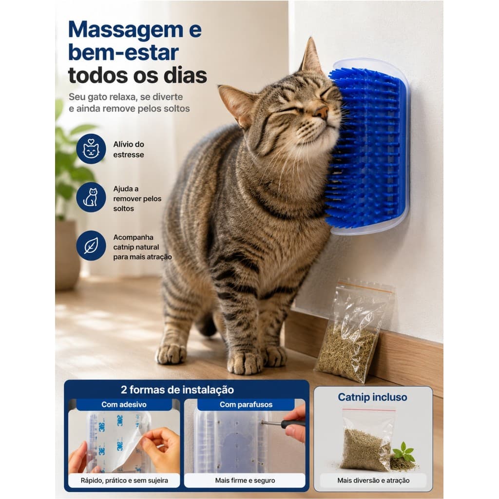 Escova Tira Pêlos Coçador Catnip Erva Para Gato Pet Parede Tira Pelos Massageadora