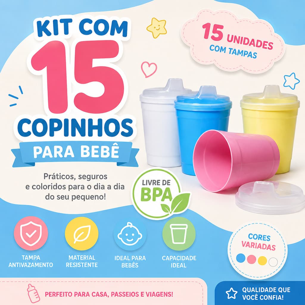 Kit 15 Copos Infantil Plástico 250ml com Tampa e Bico BPA FREE escolar Agua Suco Antivazamento Lancheira Criança