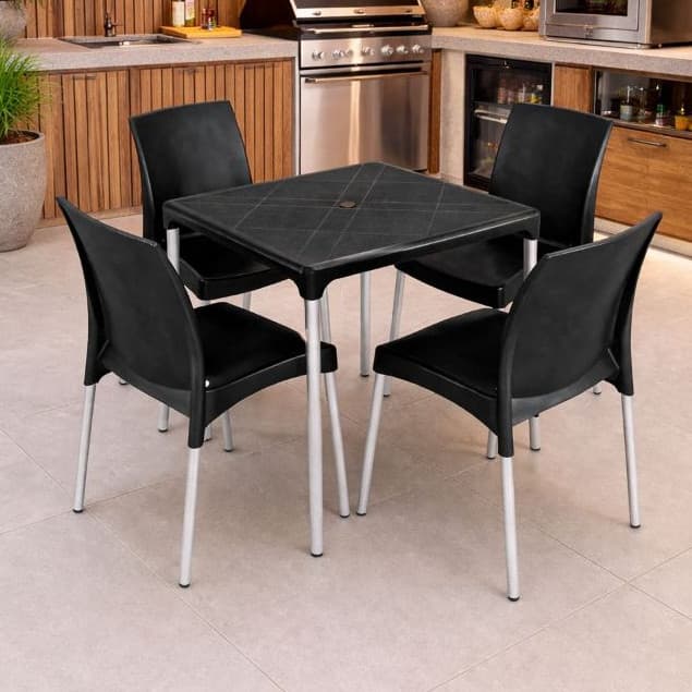 Mesa 70x70 Quadrada com 4 Cadeiras Preto Pés Em Alumínio Robusta Durabilidade