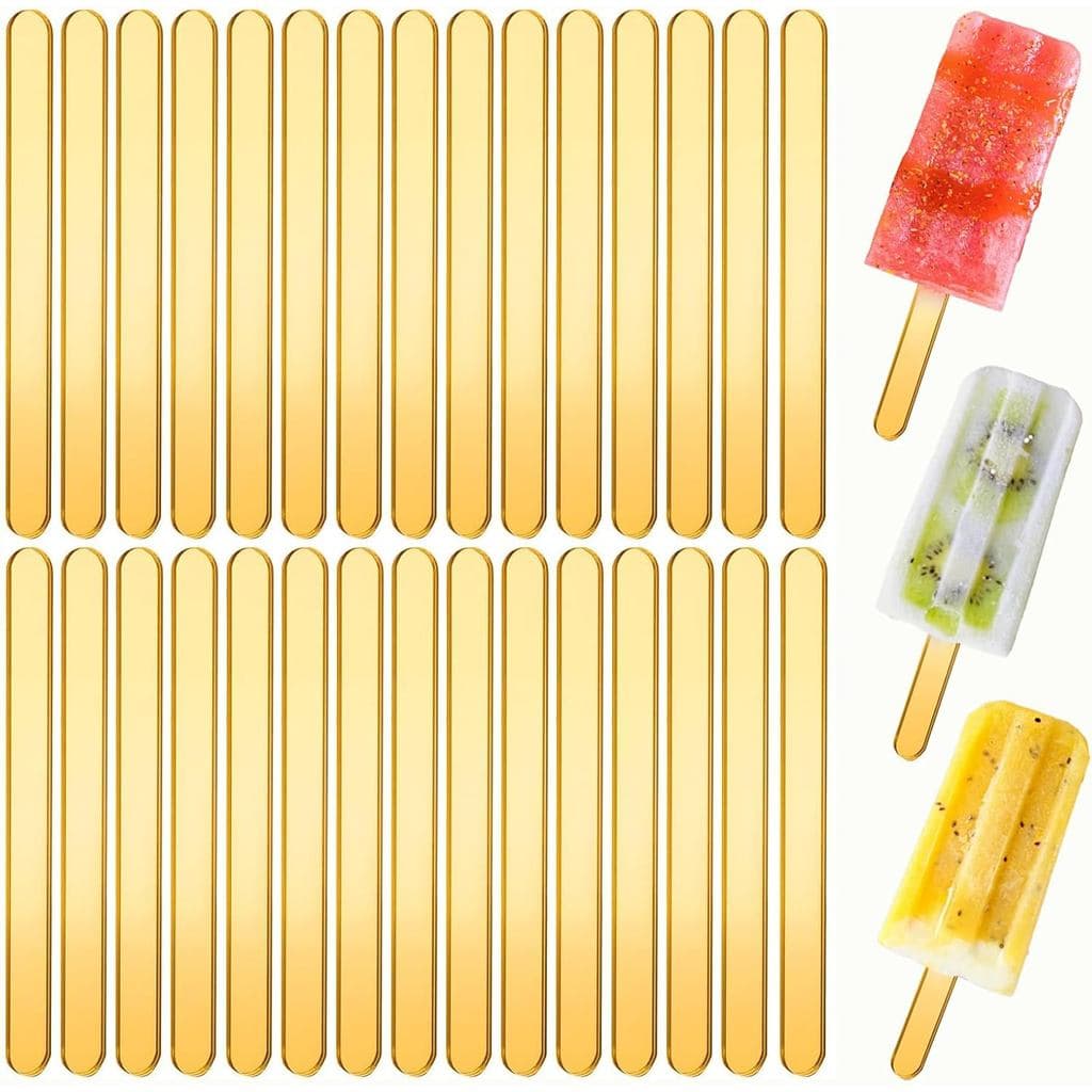 35 peças de palitos de acrílico dourados para picolé, palitos reutilizáveis para cakesicles, palitos de picolé com glitt