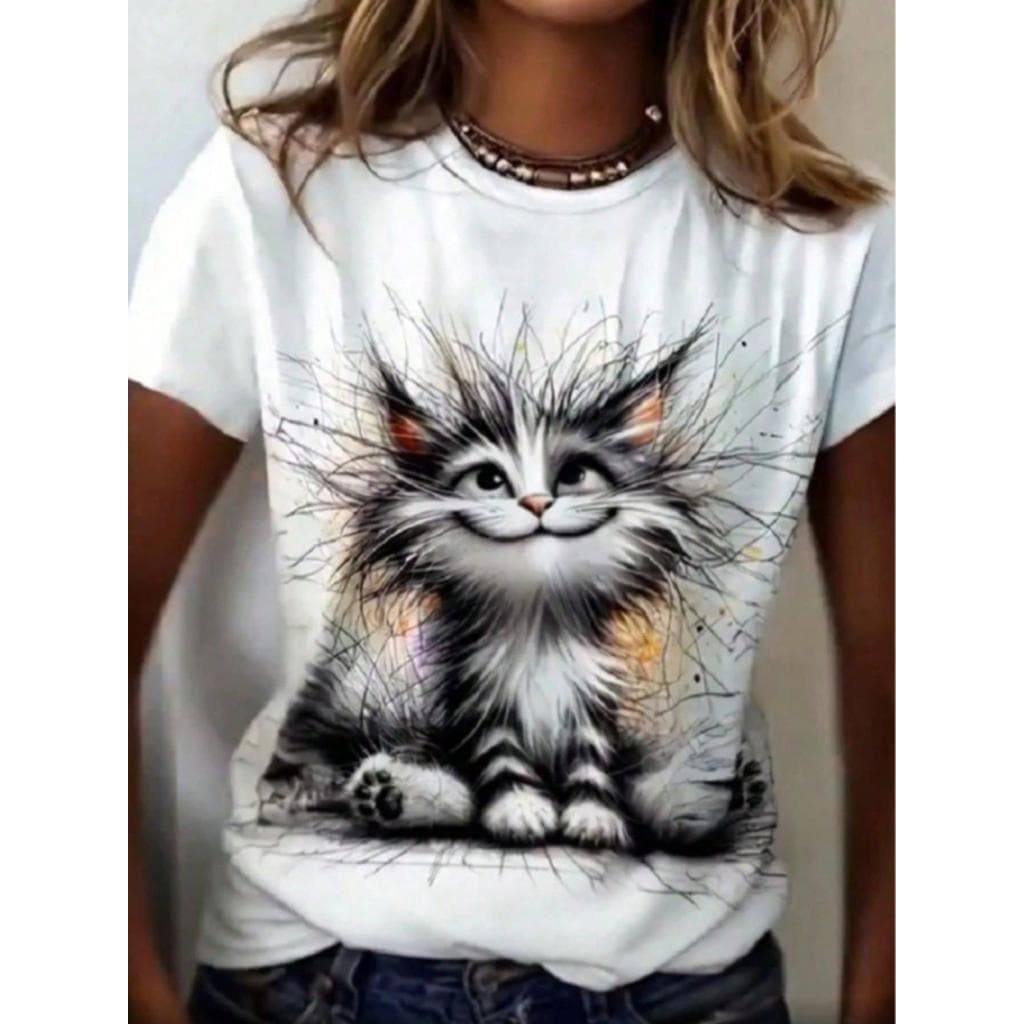 Camiseta Feminina De Gola Redonda Estampada De Gato, Moda T-shirt Feminina com Estampa de Gatinho Fofo, Camiseta Casual
