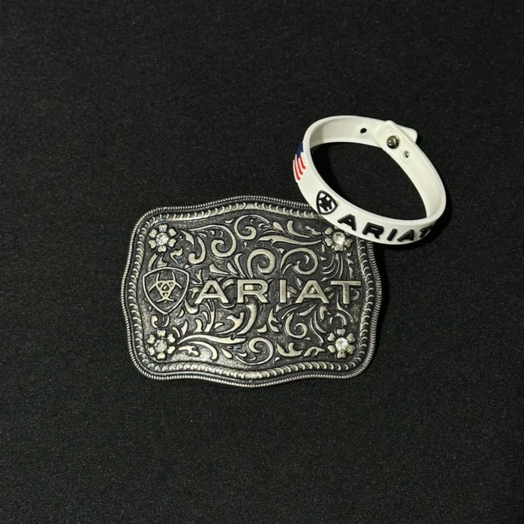 Kit Fivela Country Ariat Prata Velho + Pulseira Ariat Silicone Agroboy Rodeio
