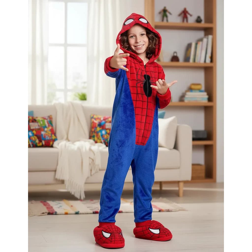 Kigurumi Spider-man Macacão Homem Aranha C/ Capuz Em Fleece