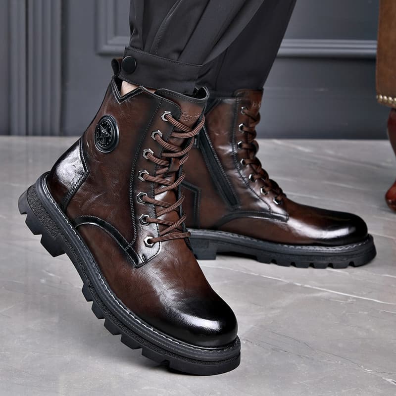 Aumentando botas de deserto masculinas de sola grossa de cano baixo couro genuíno ao ar livre motocicleta Martin botas d