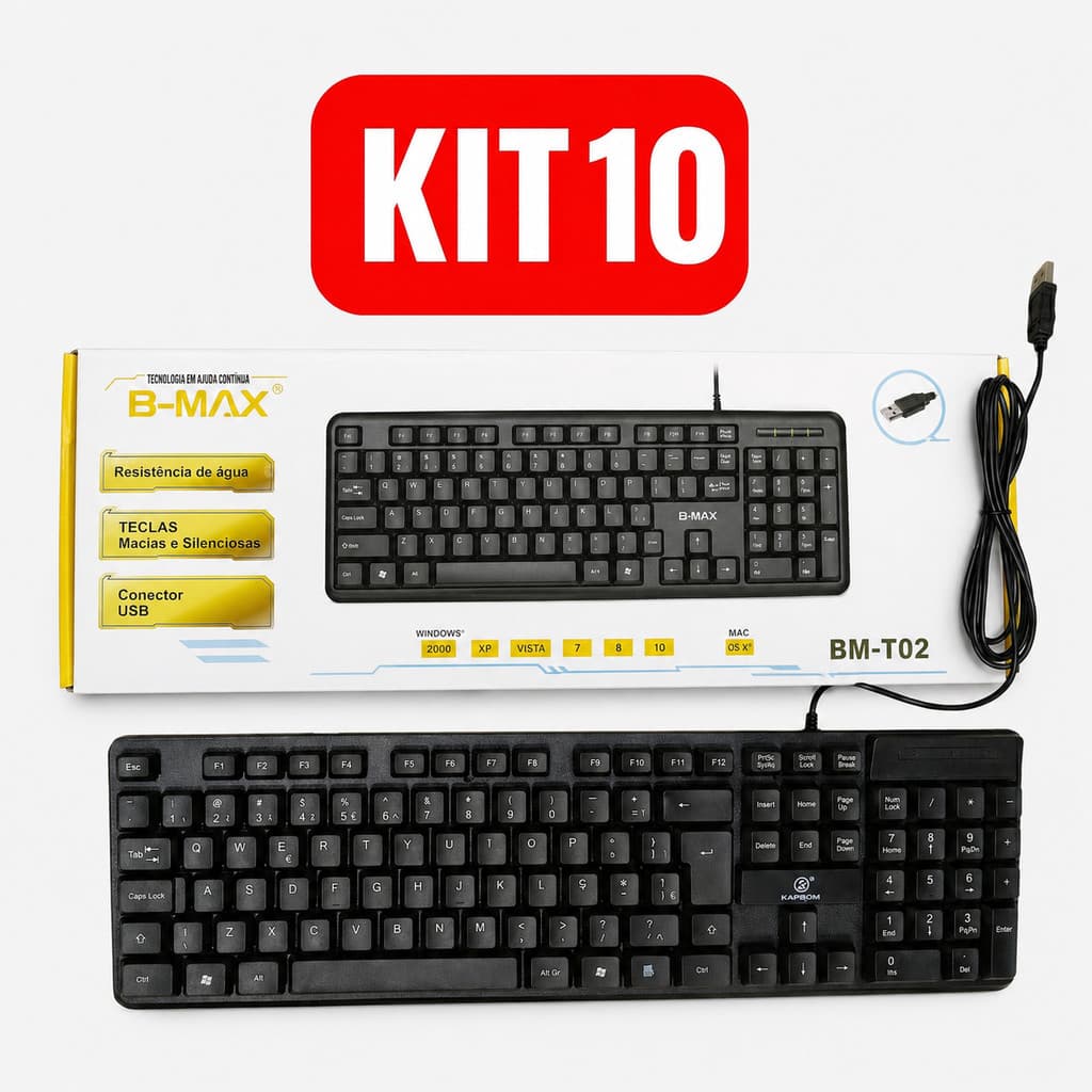 Atacado Kit 3/10 Teclado Abnt2 Multmídia Preto Com Fio Usb Ergonômico