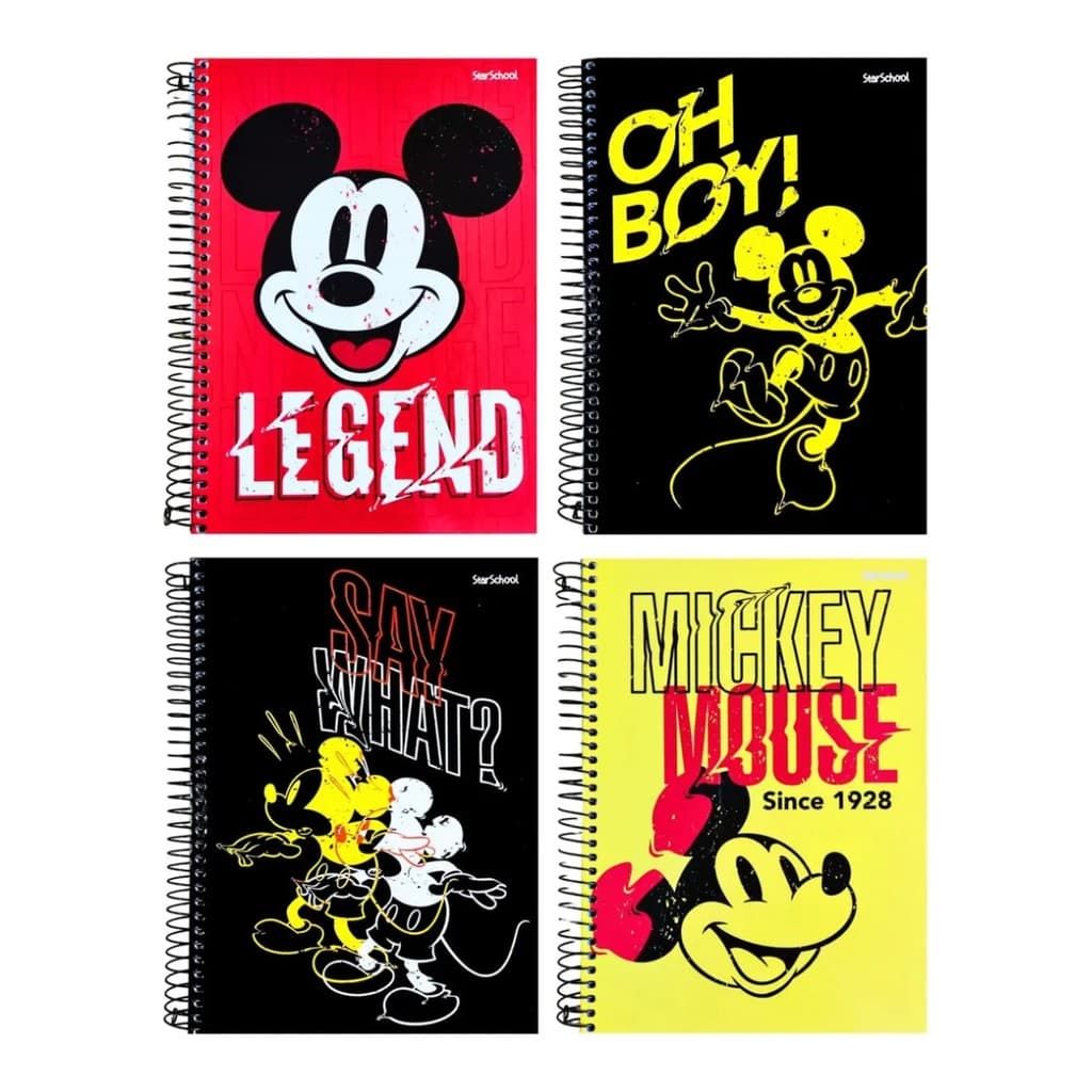 Kit 4 Cadernos Mickey Mouse Disney Capa Dura Espiral Escolar