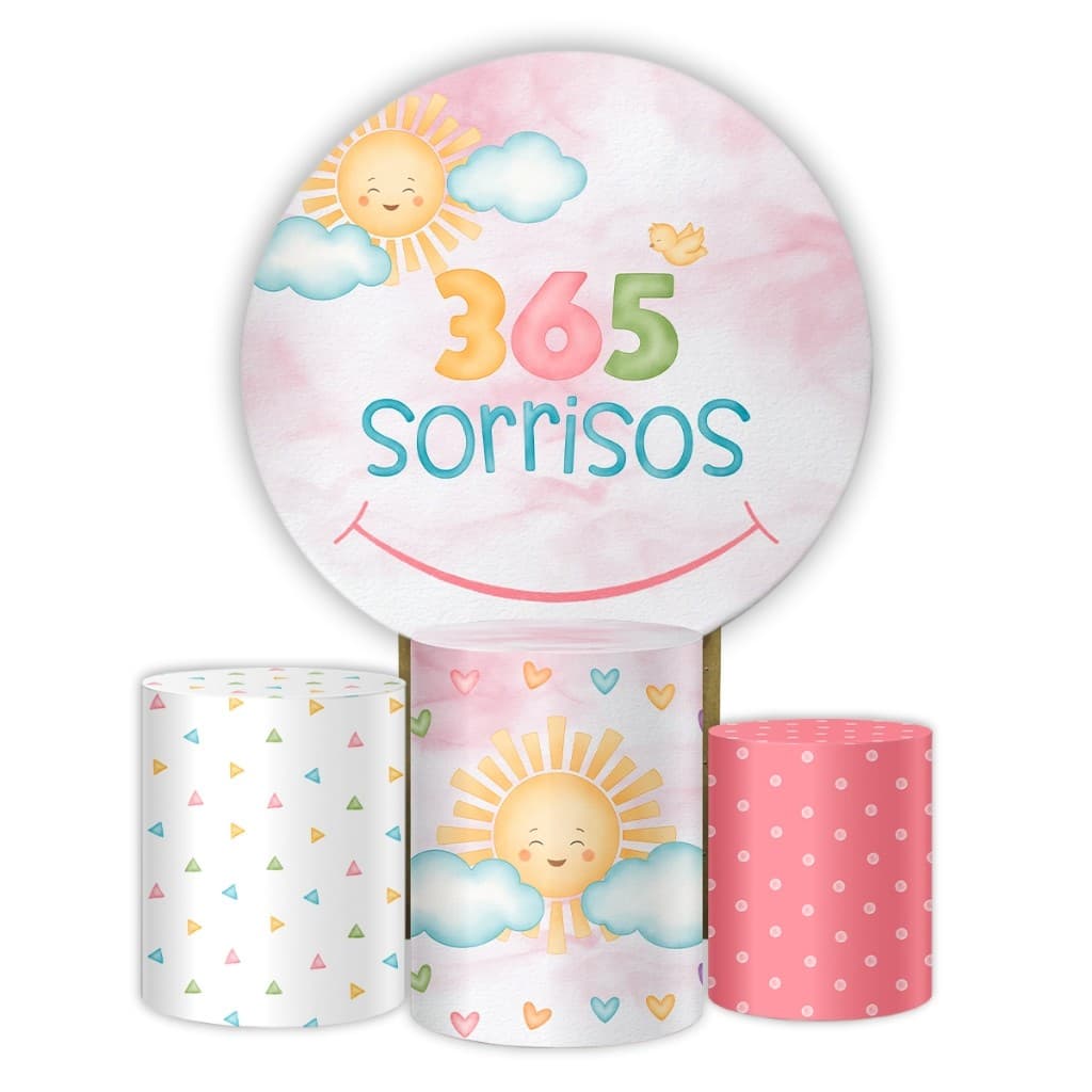 Decoração 365 Sorrisos Menino e Menina Capa Painel Redondo e Cilindro Tema Sol Nuvem Festa Infantil