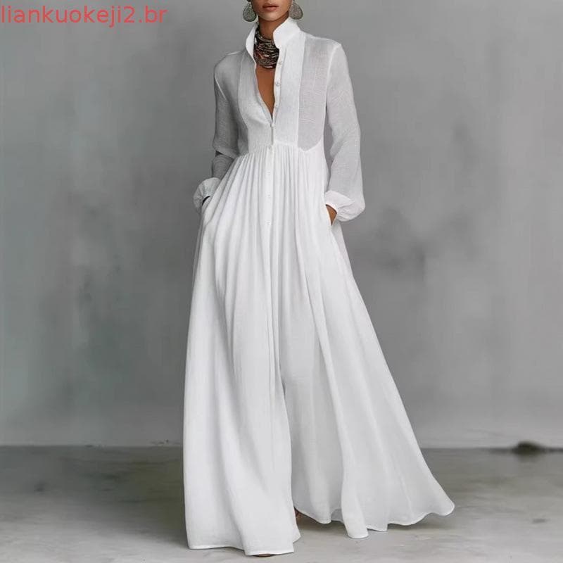 Vestido Longo Feminino de Manga Comprida, Cor Sólida e Corte Justo