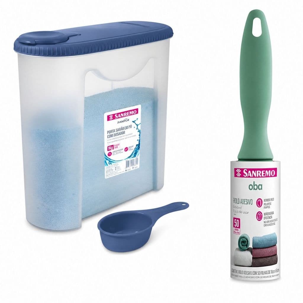 Kit Porta Sabão 1Kg Dosador + Rolo Adesivo Lavanderia Sanremo