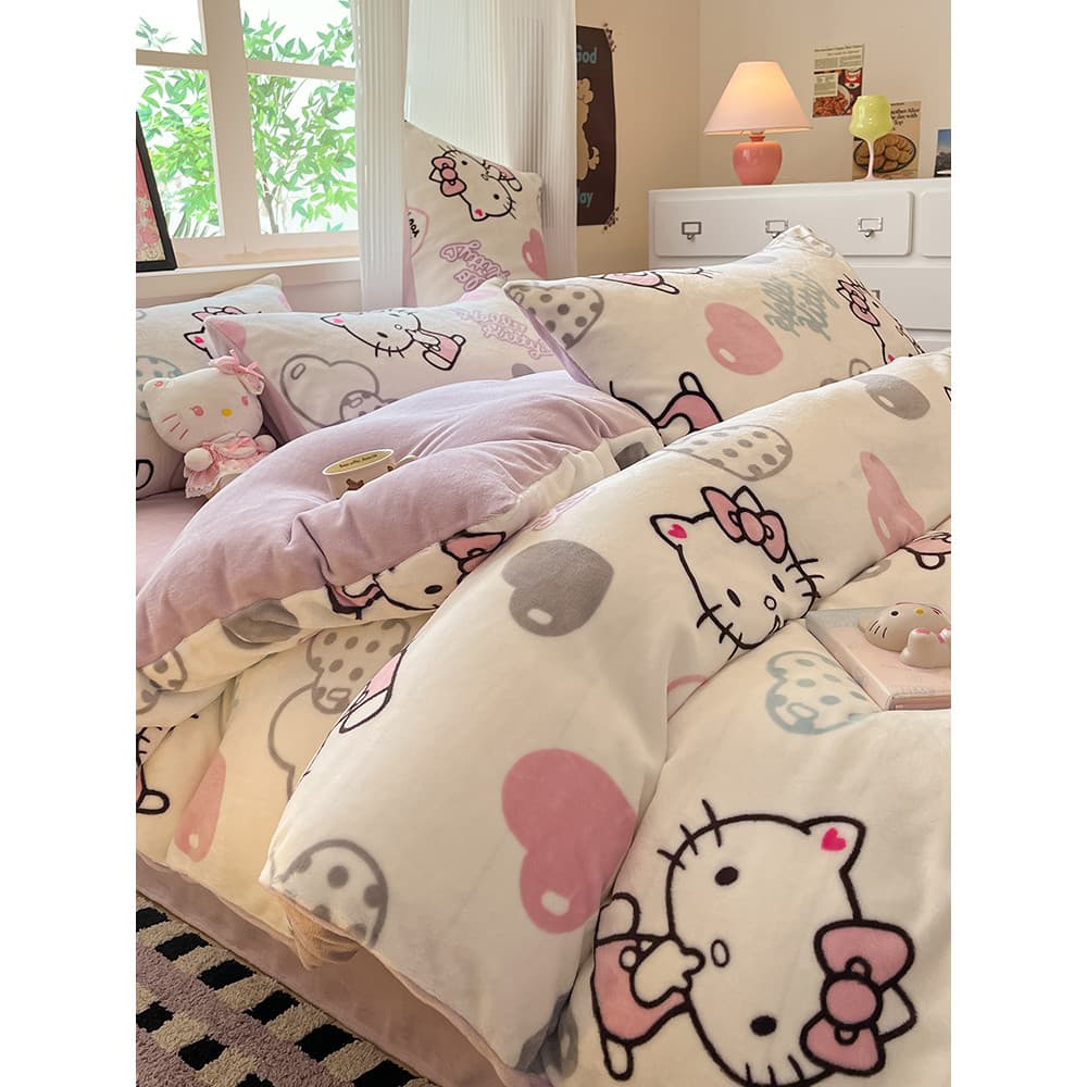 HelloKitty Leite Veludo Cama Conjunto de Quatro Peças Outono Inverno Velo Colcha Capa Coral Veludo Lençol Crianças Conju
