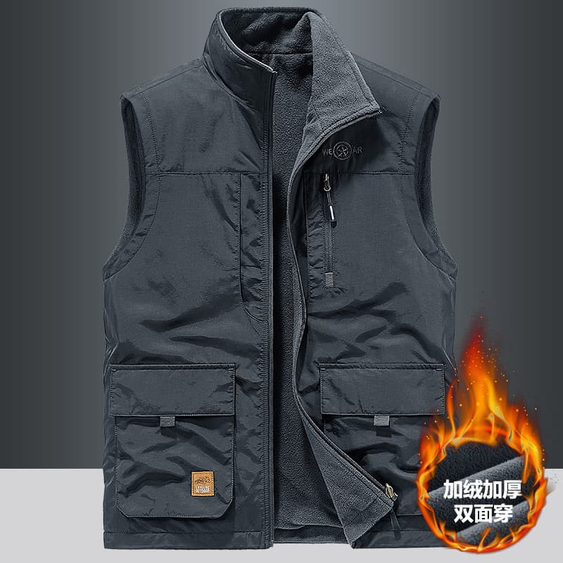 Outono inverno estilo grosso colete de lã masculino Casual colete ao ar livre Multi-bolso dupla face colete de lã mascul