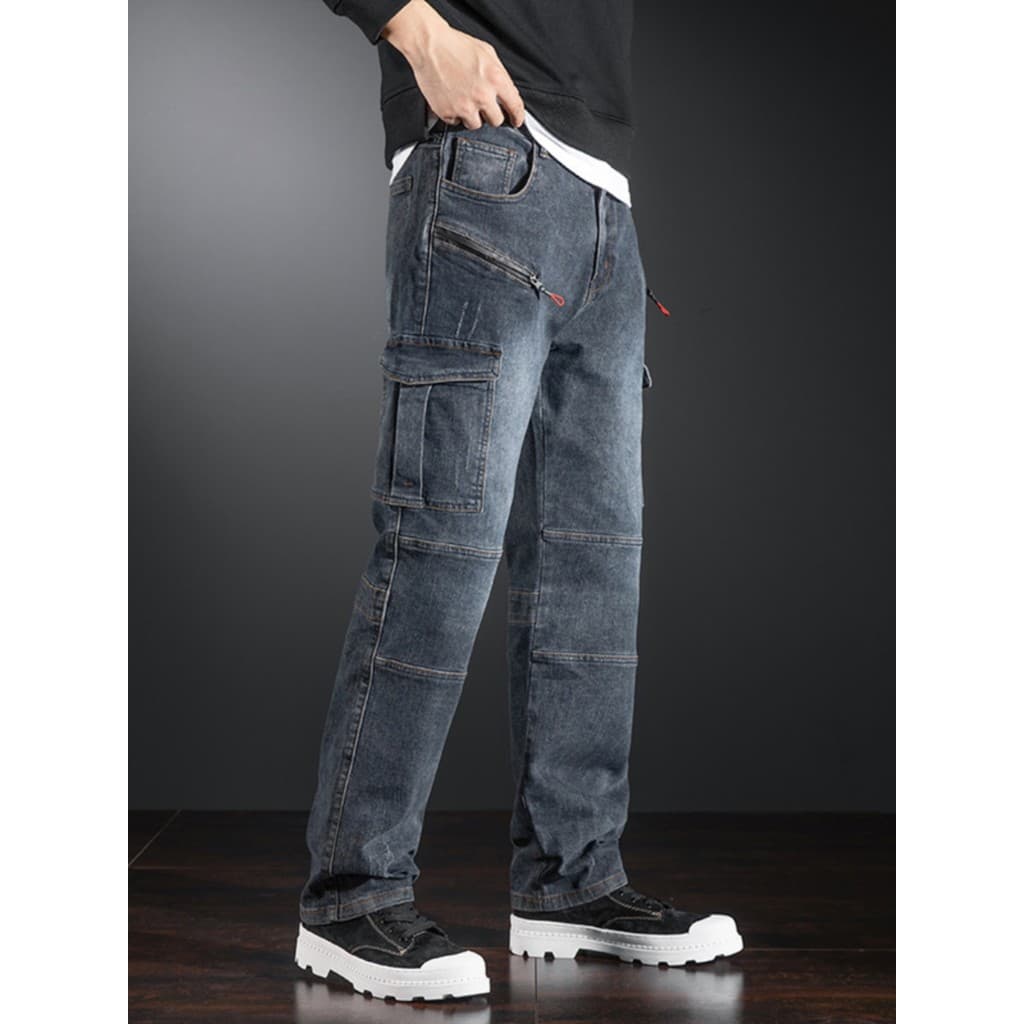 Estilo europeu americano Retro motocicleta costura macacão Jeans masculino Street Wear Multi-bolso calças de ciclismo 20