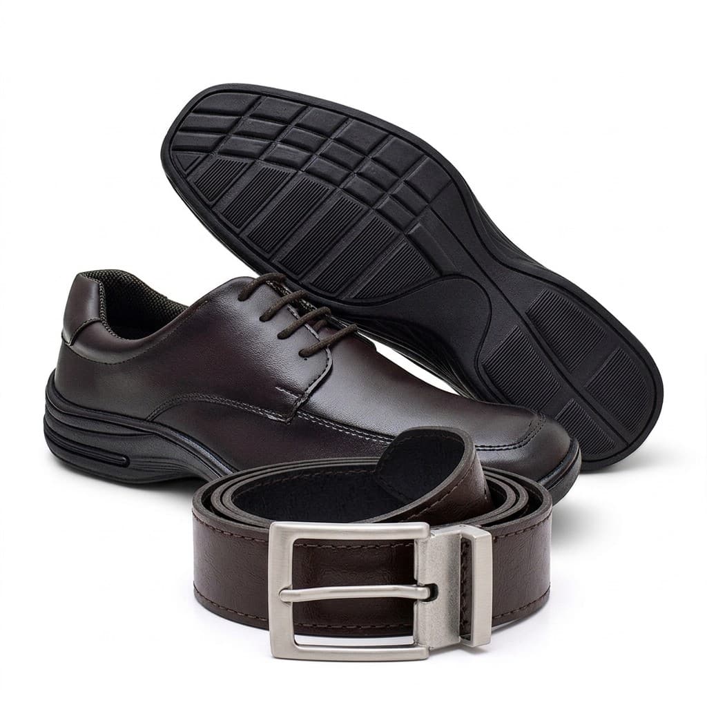 Kit Sapato Conforto Masculino Preto Palmilha Gel Cinto