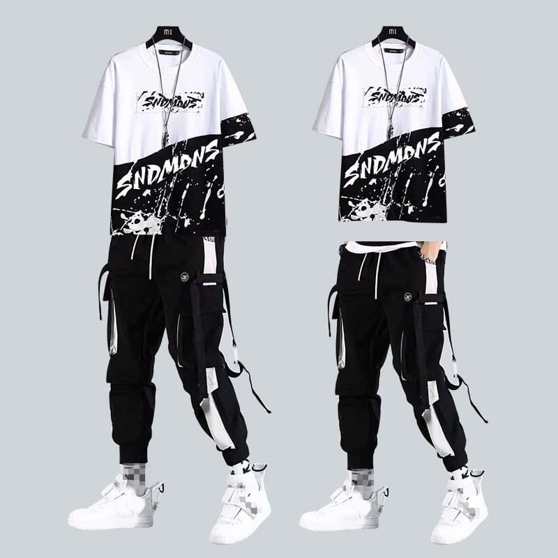 Conjunto Masculino com Camiseta de Manga Curta e Calças Cargo Estilo Hip Hop Jogger + Kit de Camisa Masculina CTYE