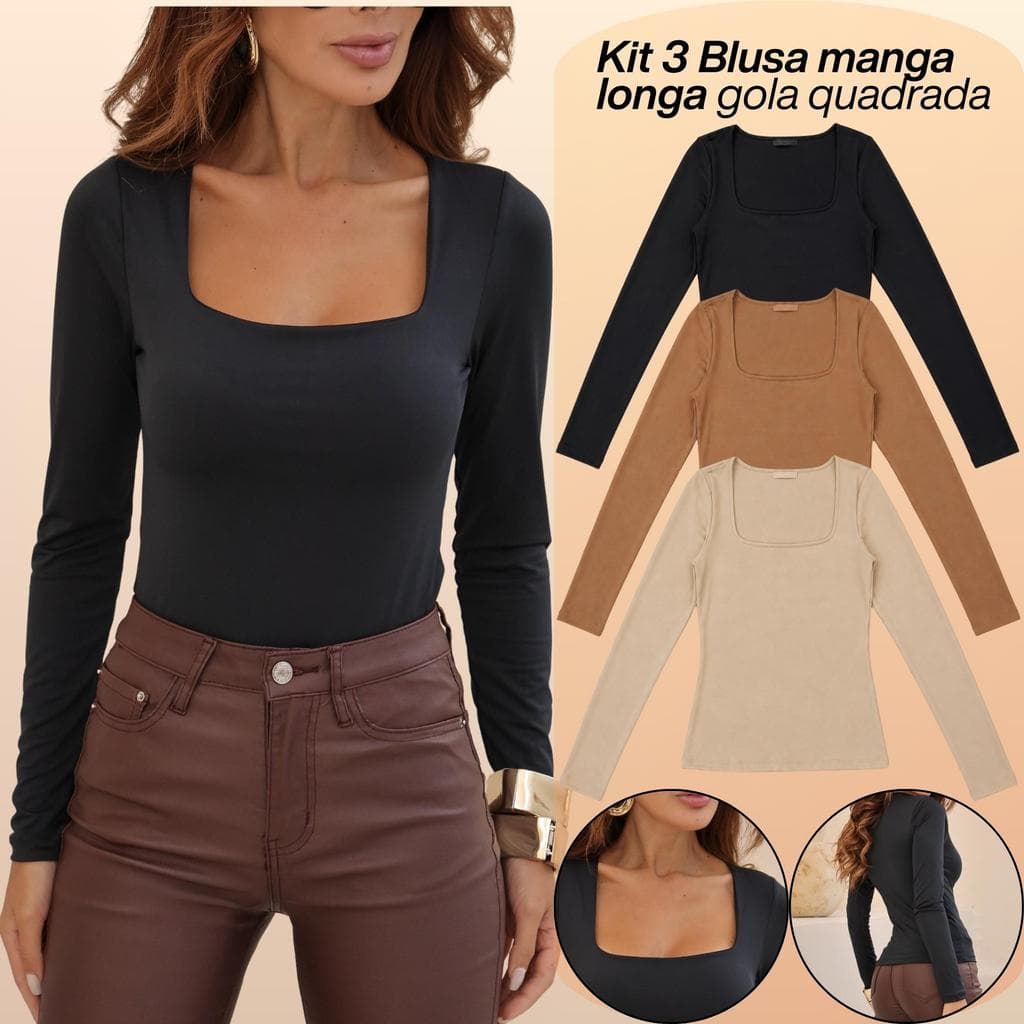 KIT 3 Blusas Feminina Gola Quadrada Manga Longa Segunda Pele Suplex Básica Para o Frio Inverno