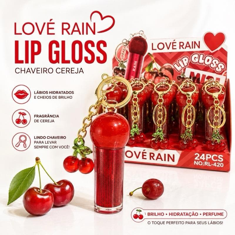 Lip Gloss Chaveiro Cereja Love Rain Hidratante Labial Brilho Cherry Fofo