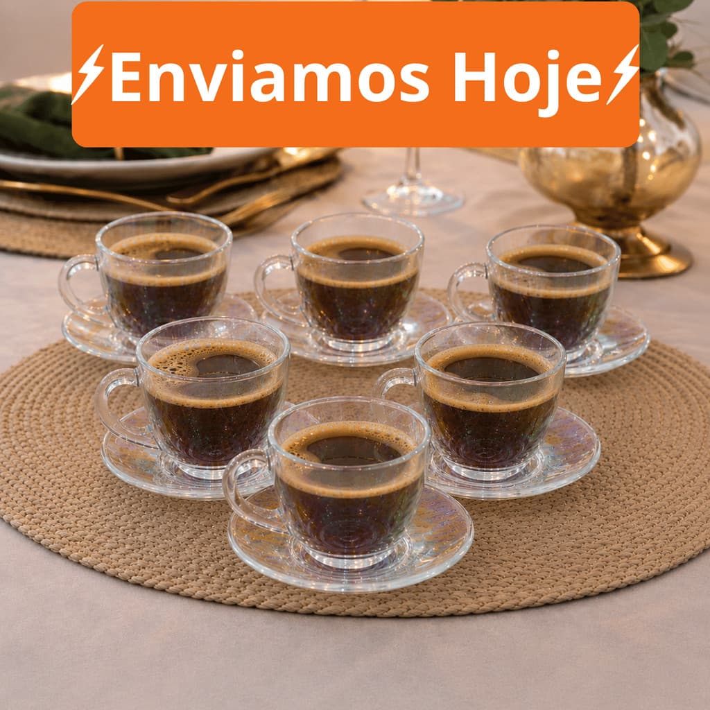 Jogo de Xícara com Pires 8 ate 24 Peças Chá e Café Brasiliano Transparente Vidro 90ml Decorada Luxo