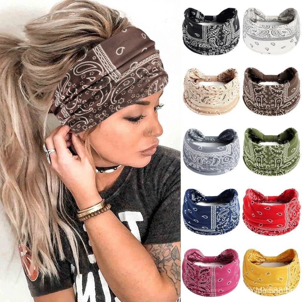Lenço de Seda Largo para Mulheres Padrão Paisley Elástico Esportivo Yoga Elegante Acessório de Cabeça