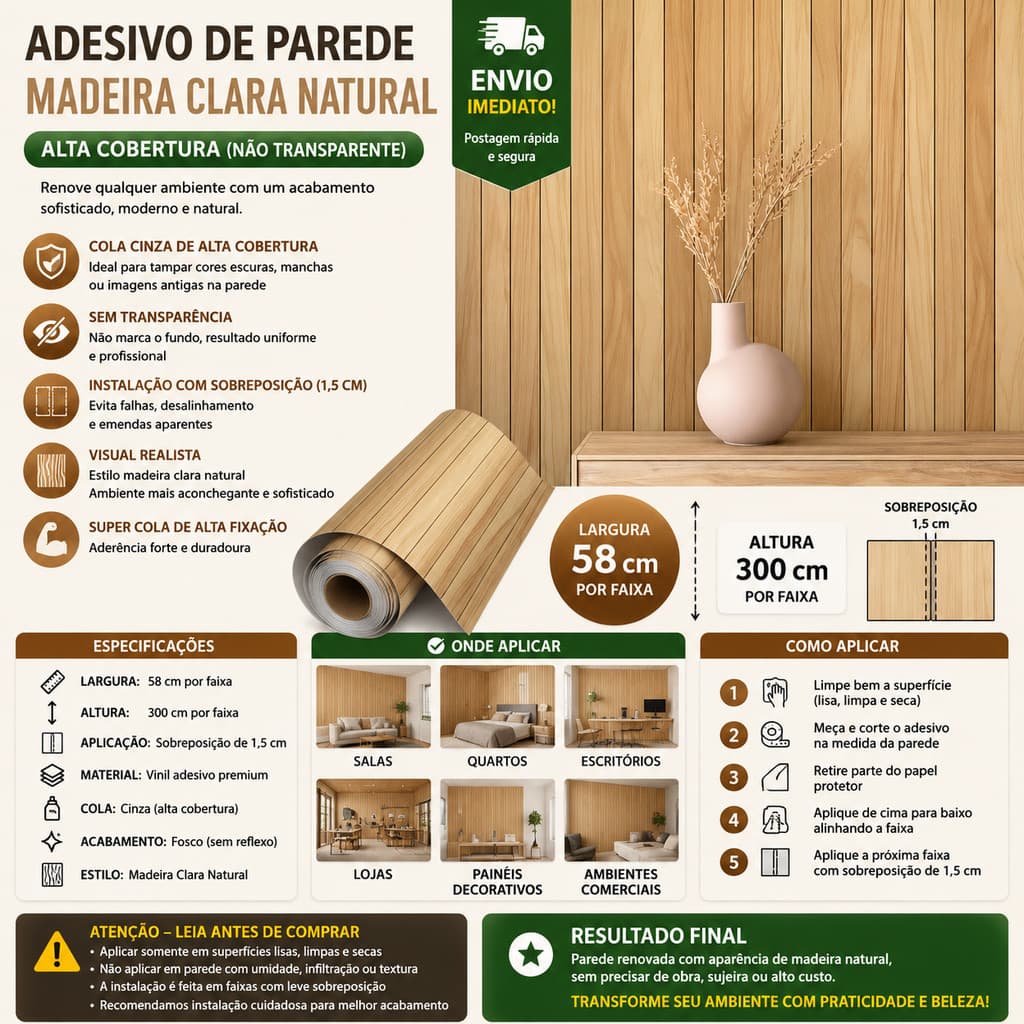 Adesivo de Parede Madeira Clara 300x58 cm Sem Emenda Alta Cobertura Cola Cinza Premium