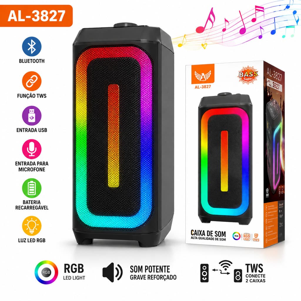 Caixa de Som Bluetooth RGB Portátil com Microfone Sem Fio TWS Som Potente LED USB FM