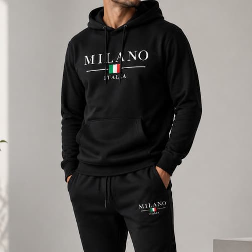 Printed Parisian-style men's and women's one-piece pants set, including long pants and cape, hooded sweatshirt, casual t