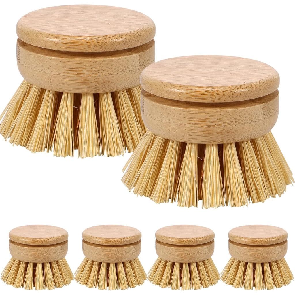 Escova de Bambu para Louça - 6 Cabeças Substituíveis, Escova de Cerdas Macias de Sisal, Escova para Limpeza de Cozinha