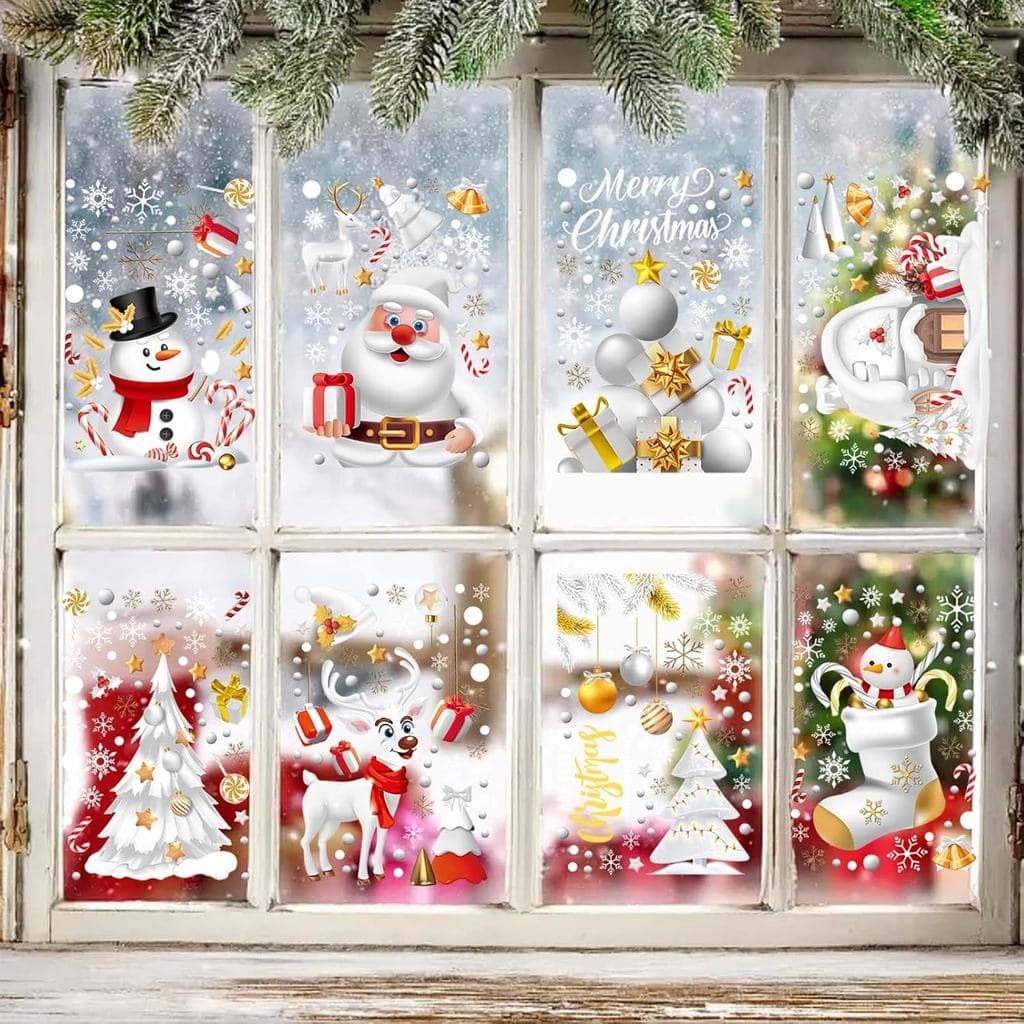 8 Sheets Christmas Window Clings Stickers,Double-Side Glass Decals,Includes Santa, Snowman, Moose & Snowflake Decals, St