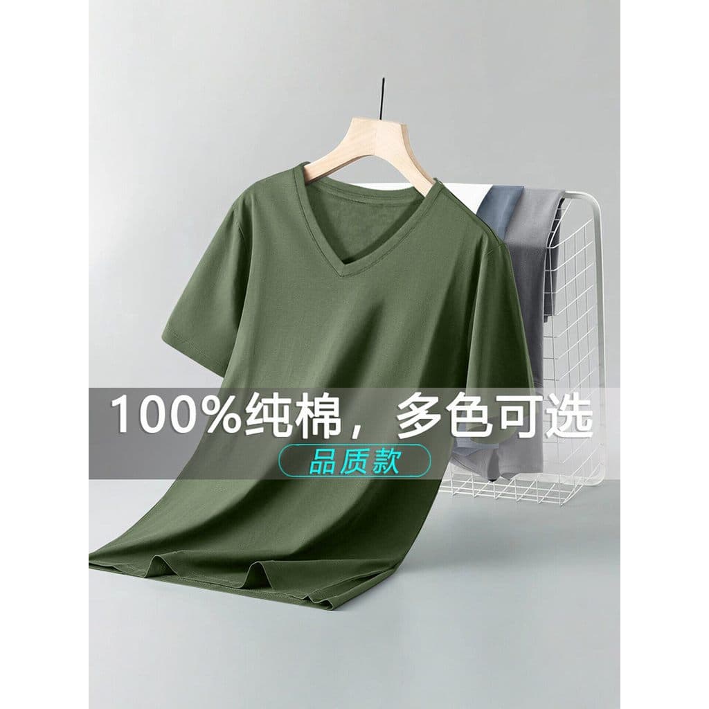 Camiseta masculina de manga curta de verão com decote em v puro algodão simples gola de coração masculino cor sólida esp