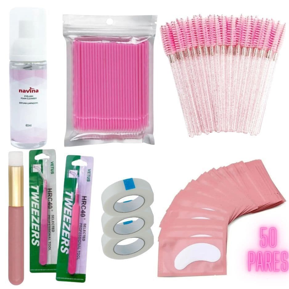 Kit Extensão Cílios Escovinha Microbrush Pinça Reta Curva Pad Gel Pincel Limpeza Espuma Navina