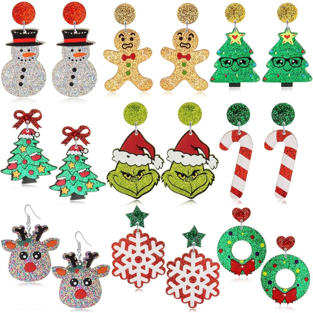9 Pairs Christmas Earrings for Women Acrylic Christmas Tree Snowflake Grinch Dangle Earrings Holiday Jewelry Earring Xma