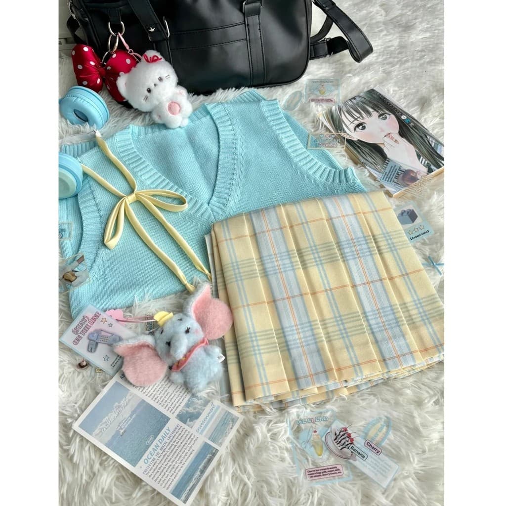 [Youyue] Original jk Genuíno Saia Verificada Uniforme Saia Amarela Saia Plissada Saia Curta Estudante Feminino Material