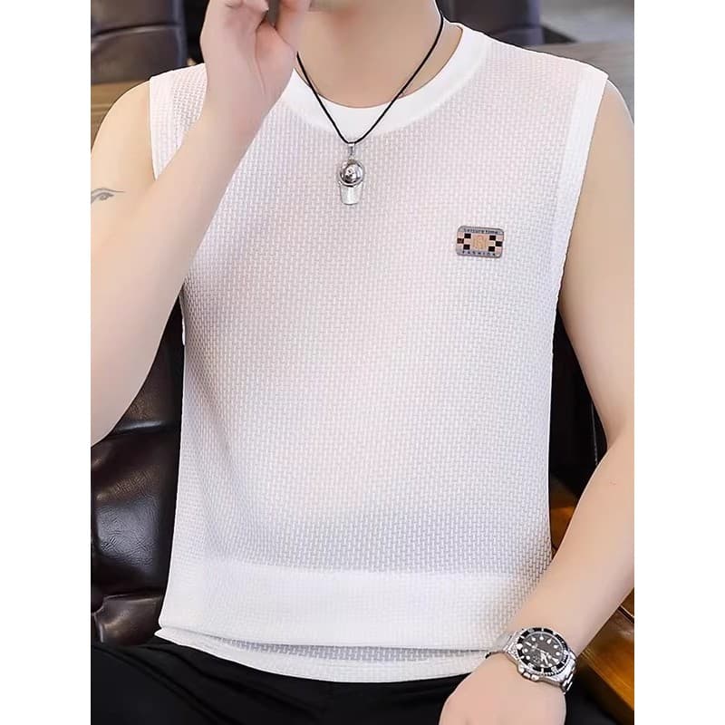 2026 verão novo estilo masculino gelo seda gelo sentido colete High-End sem costura verão sem mangas camiseta camisa de