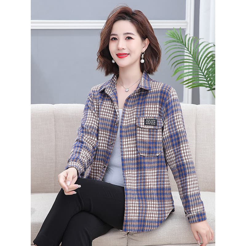 Primavera outono novo estilo grosso camisa xadrez de lã feminina venda quente de meia-idade idosos senhoras camisa xadre