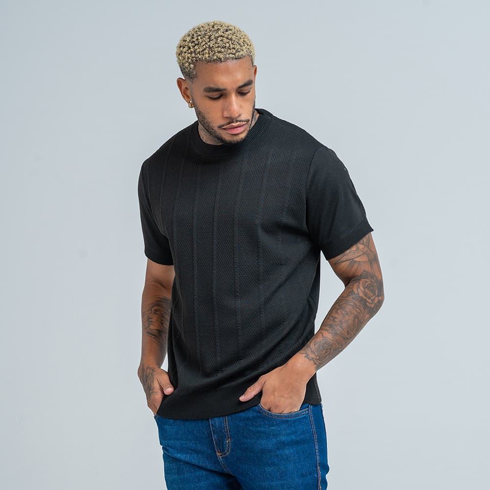 Camiseta Masculina Mr Kitsch Tricô Canelado Com Textura Gola Redonda Preto
