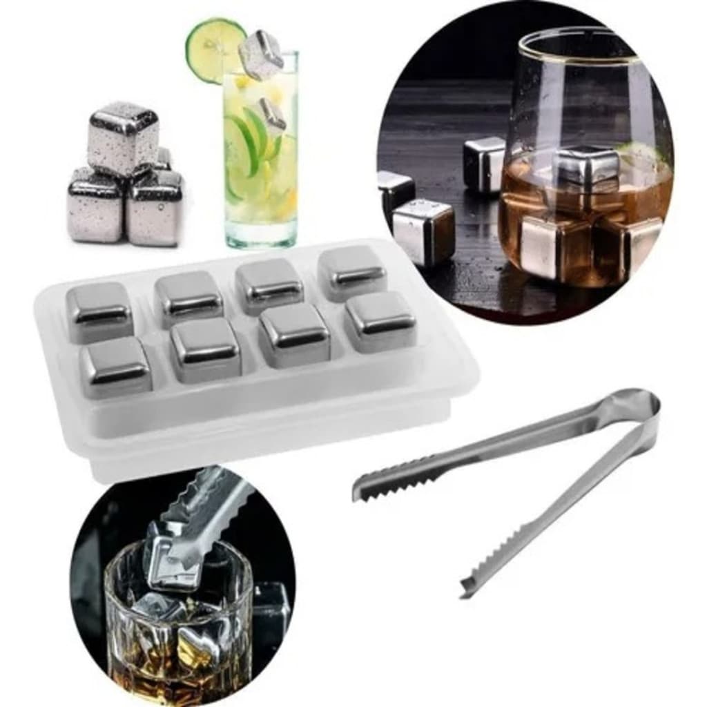 Cubos De Gelo Aço Inox 8 Peças Com Pegador Para Whisky E D