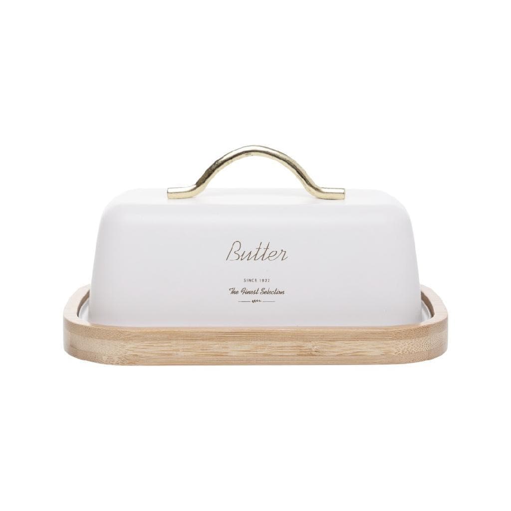 Manteigueira Retangular Tampa Branca Base Bambu Olina Wolff Charme Vintage Para Sua Mesa