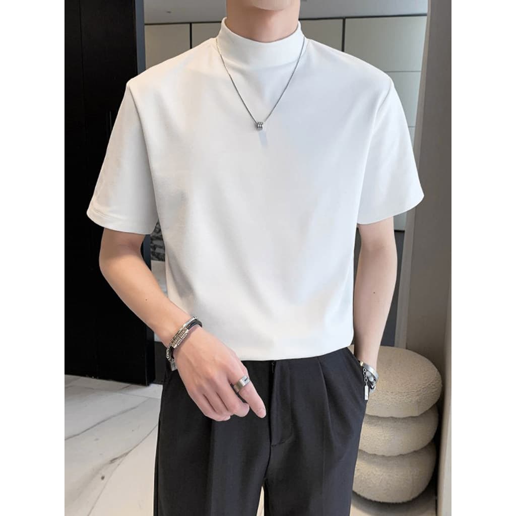 Estilista de cabelo Street wear masculino pesado meia gola alta camiseta masculina verão branco frente ombro manga curta