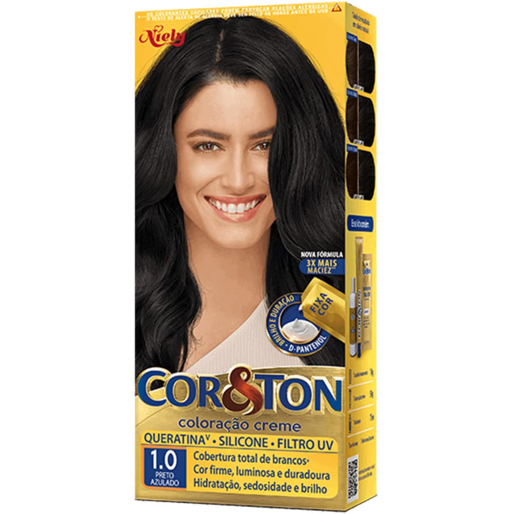Tinta de Cabelo Cor&Ton Preto Azulado 1.0 - Cobertura Total de Fios Brancos, Cores Vibrantes e Intensidade de Brilho