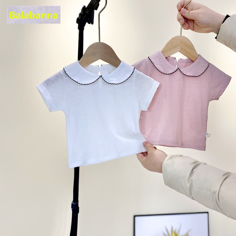 Bebê menina gola de renda estilo princesa camiseta de manga curta bebê puro algodão camisa de fundo menina boneca branca