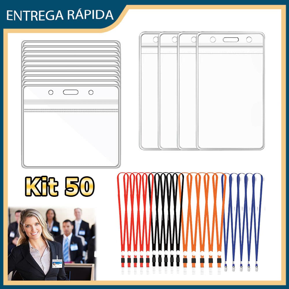 Kit 50 Crachás transparentes porta-cartões de identificação de plástico porta-crachás cordões com clipes