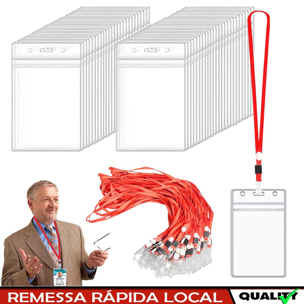 50 pçs porta-crachás de identificação Verticais, porta-crachás de transparente e Cordões Vermelho,selável à prova d'água
