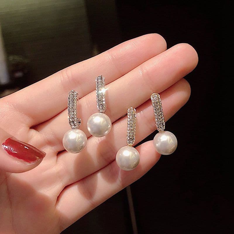 [Estoque pronto] S prata agulha diamante em forma de C brincos de pérola feminino japonês elegante orelha jóias simples