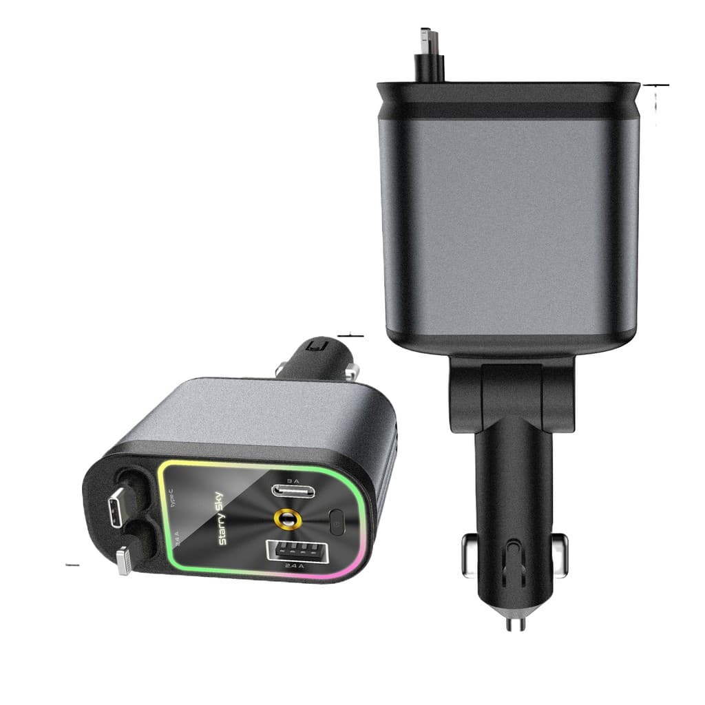 Carregador de carro retrátil carregador rápido de para carro 4 em 1 para iPhone/Android com luz LED