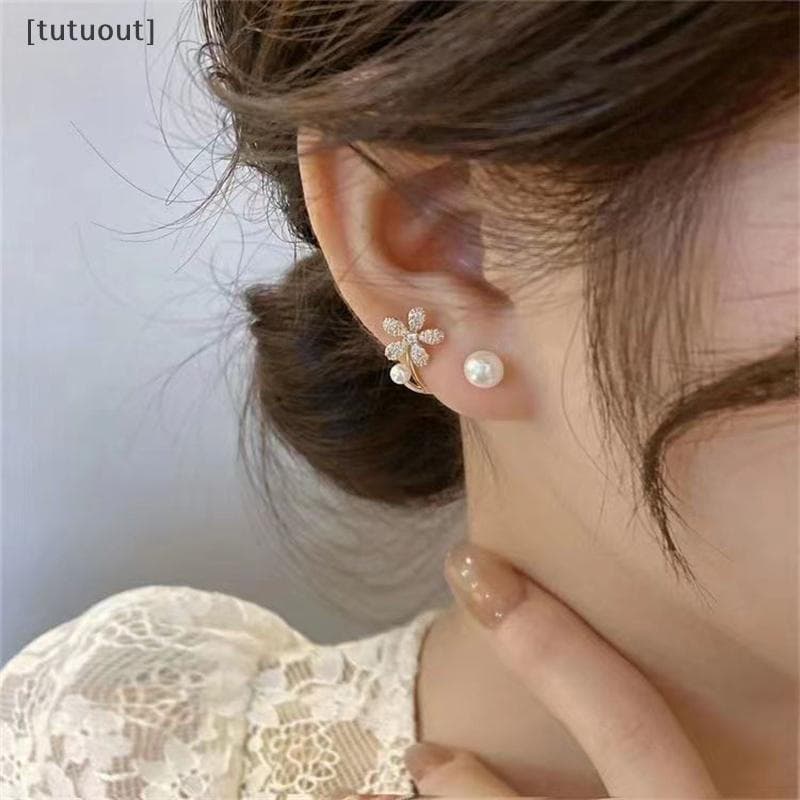 1 Par De Brincos De Flor De Pérola Estilo Coreano , Brinco De Diamante Incrustado De Ouro Para Mulheres , Acessórios De
