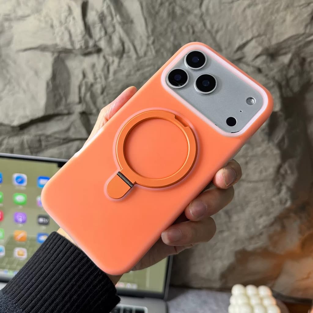 Nova Capa Protetora De Silicone Líquido Com Suporte Embutido Jelly Orange Para iPhone 13 14 15 16 17 Pro Max Botão De Câ