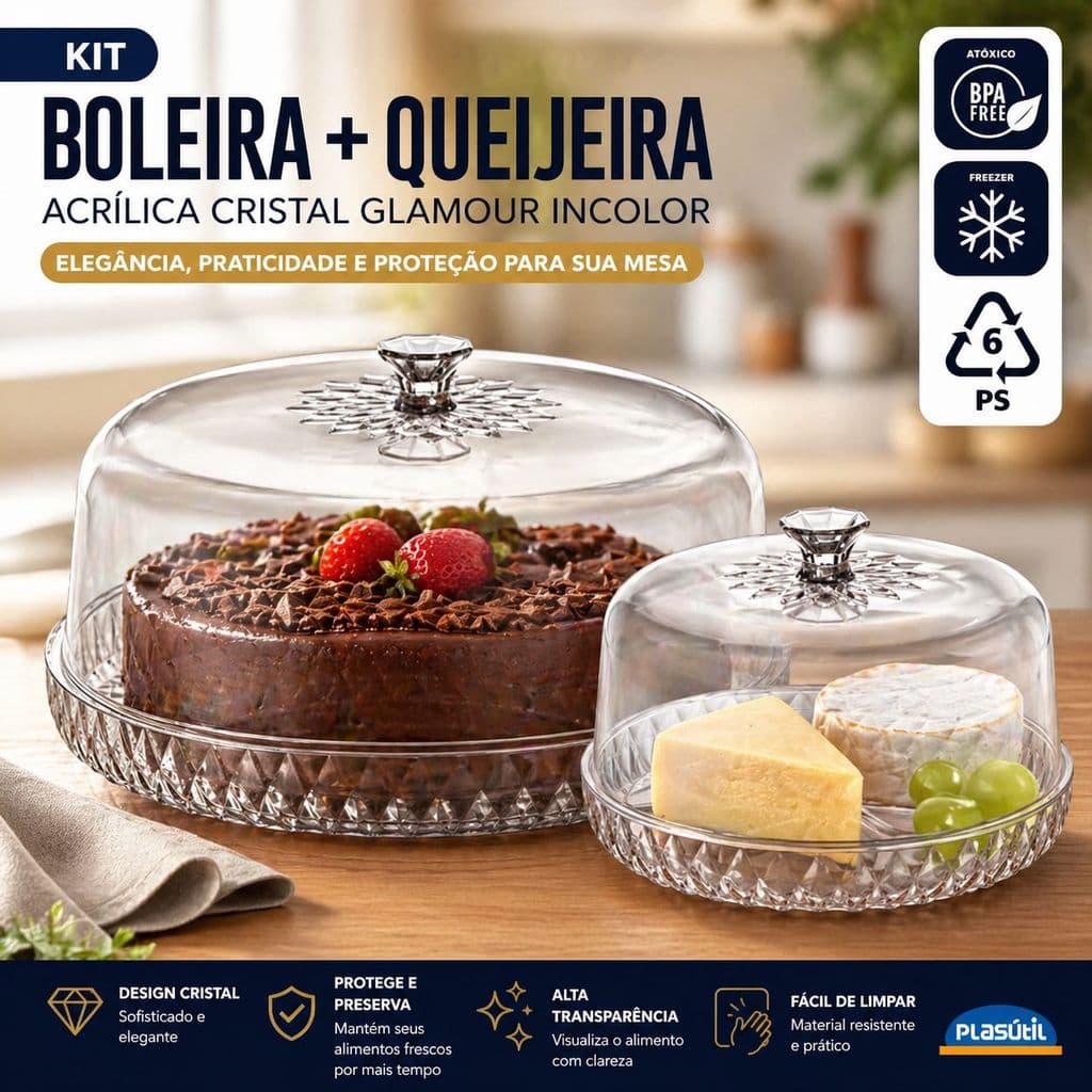 Kit 2 peças Boleira + Queijeira Glamour Acrílico Transparente Plasútil