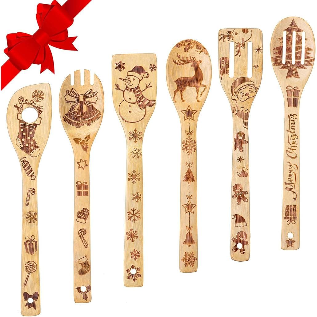 Conjunto de 6 Colheres de Madeira para Natal, Utensílios de Cozinha Decorativos para Festa de Natal e Suprimentos de Coz