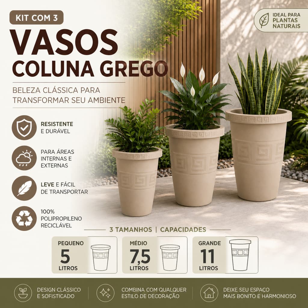 Kit 3 Vasos Coluna Grego Decorativo Elegante 3 Tamanhos Jardim e Varanda