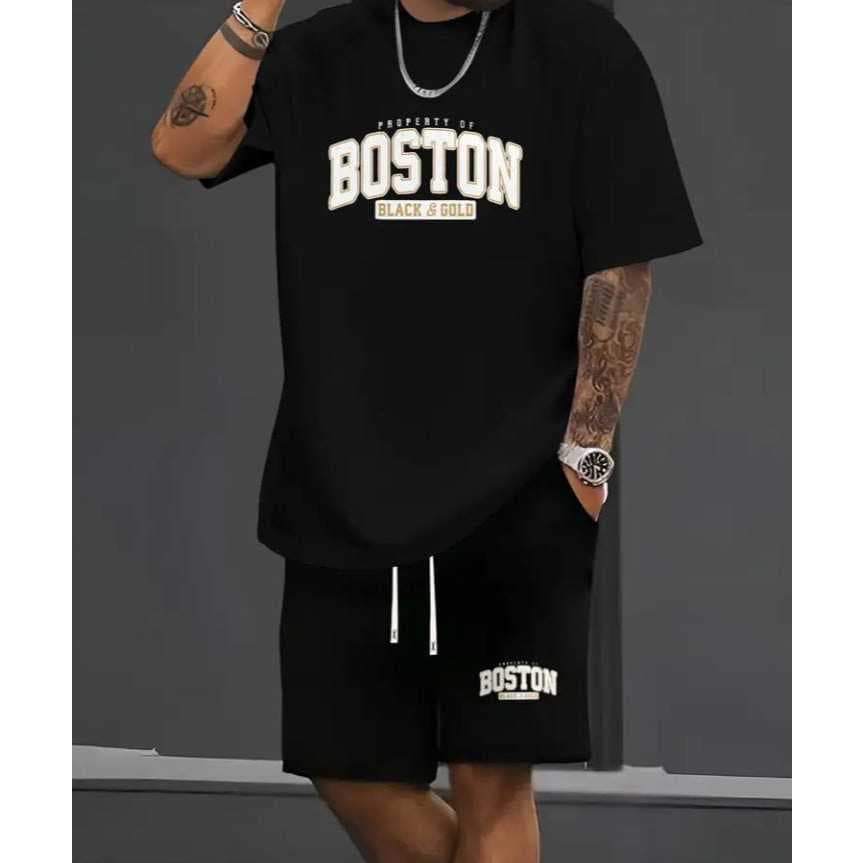 Camiseta Conjunto Boston 100% Algodão Bermuda de Moletom Short com Bolso Masculina Academia Casual Treino