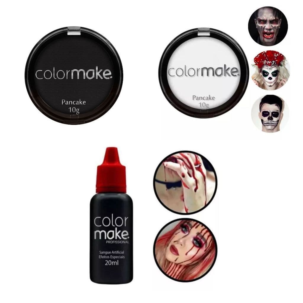 Kit Colormake Pacanke Branco + Pancake Preto + Sangue Artificial Falso - Maquiagem Artística, Eventos, Halloween